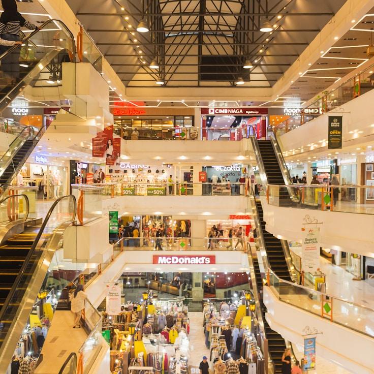 Modern shopping mall interior with family areas